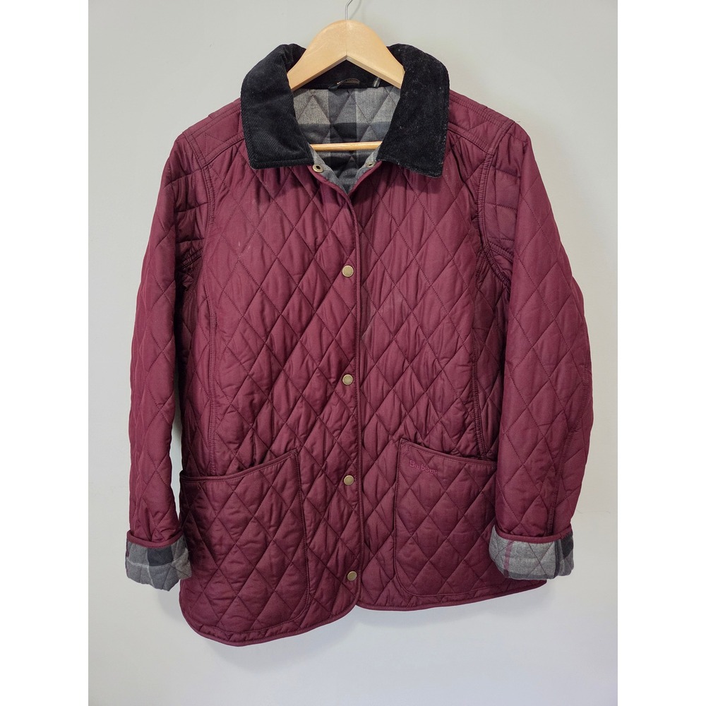 Barbour Montrose Quilted Jacket Bordeaux Red Winter Tartan Corduroy Collar Sz 14